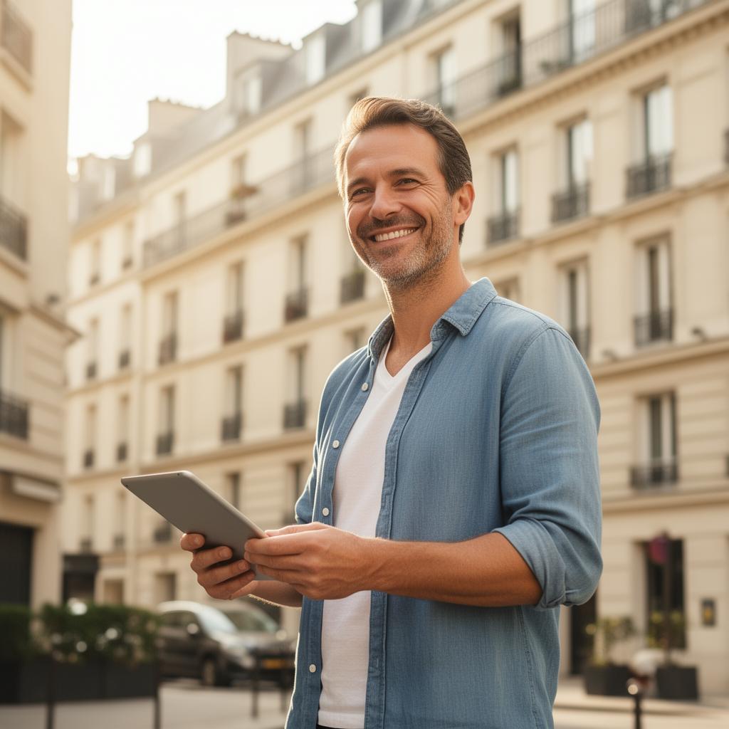 Propriétaire serein utilisant Bailzen sur sa tablette devant son immeuble